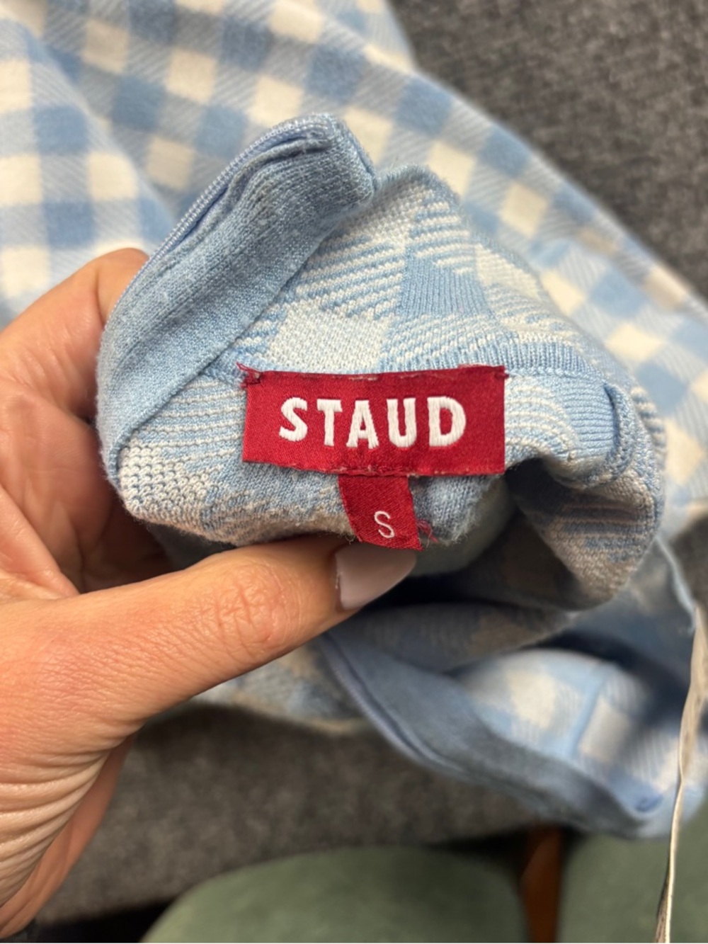 STAUD Women’s Blue/White Plaid Print Short Sleeve Midi Dress Mock Neck - Small - Picture 4 of 11